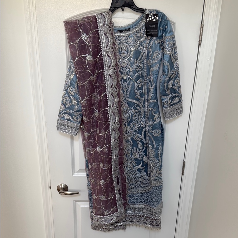 Elegant Blue and Silver Embroidered Sharara